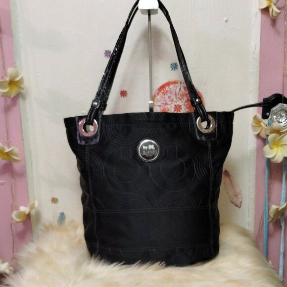 Coach Alex Signature Sateen Tote with Patent Leather Trim - Picture 1 of 14